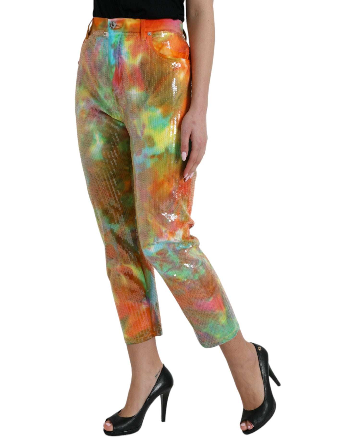 Dolce & Gabbana Multicolor Tie Dye Sequined High Waist Cropped Women's Pants