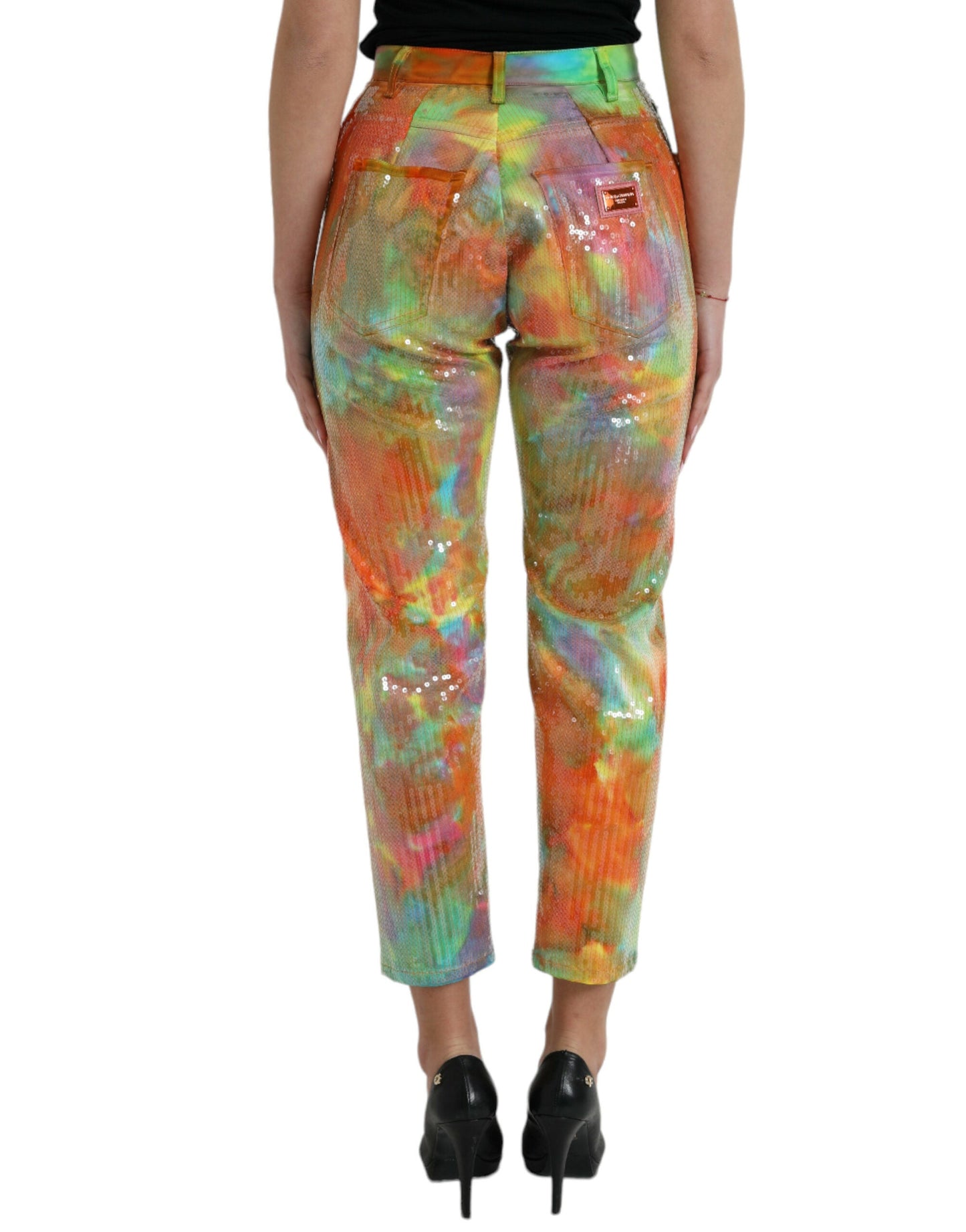 Dolce & Gabbana Multicolor Tie Dye Sequined High Waist Cropped Women's Pants