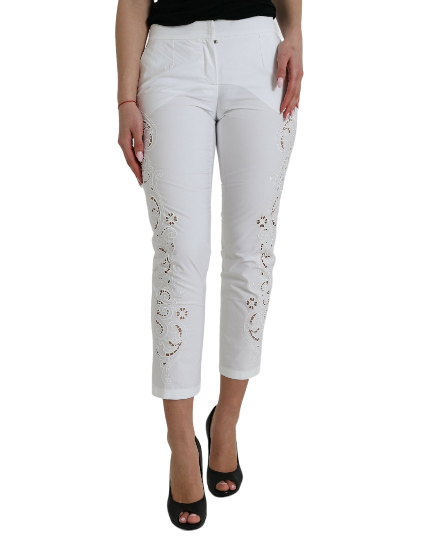 Dolce & Gabbana White Cut Out Cotton Mid Waist Cropped Women's Pants