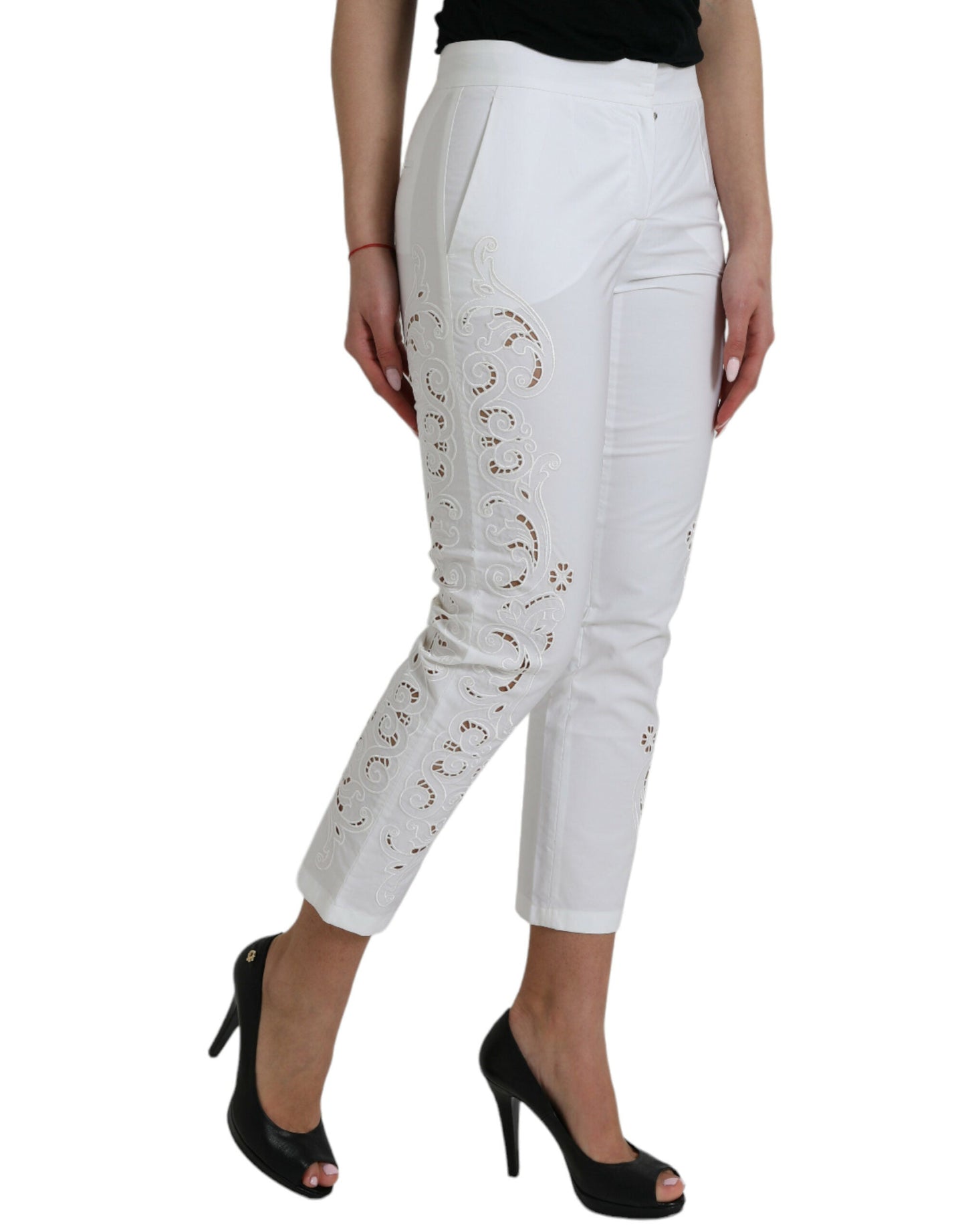 Dolce & Gabbana White Cut Out Cotton Mid Waist Cropped Women's Pants