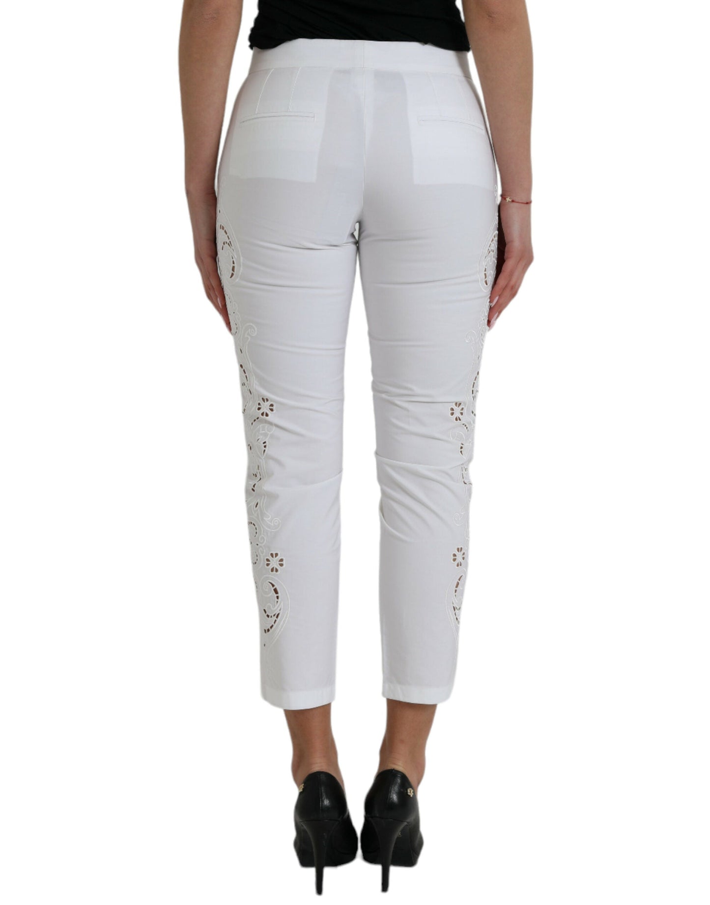 Dolce & Gabbana White Cut Out Cotton Mid Waist Cropped Women's Pants