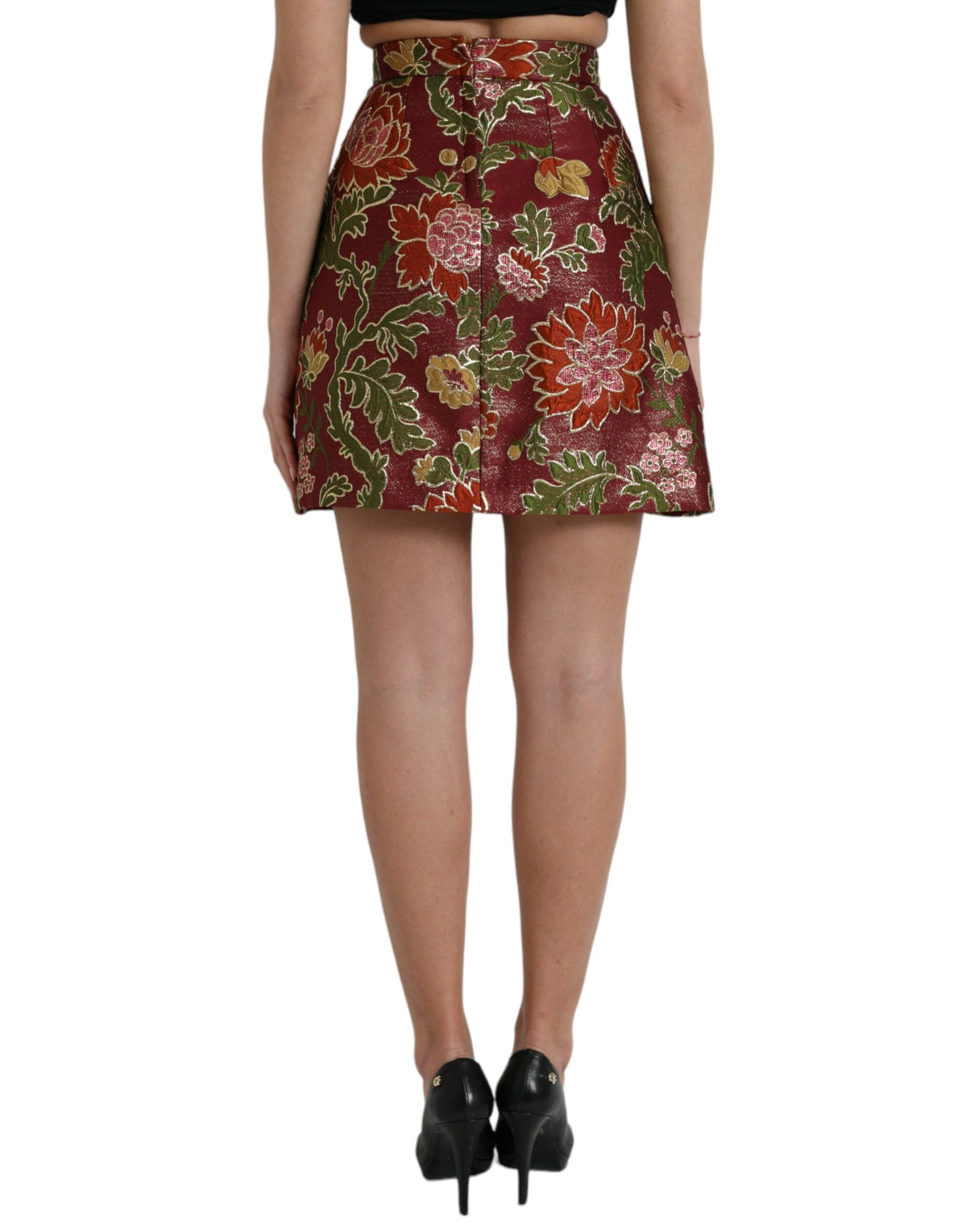 Dolce & Gabbana Maroon Floral Jacquard A-line Mini Women's Skirt