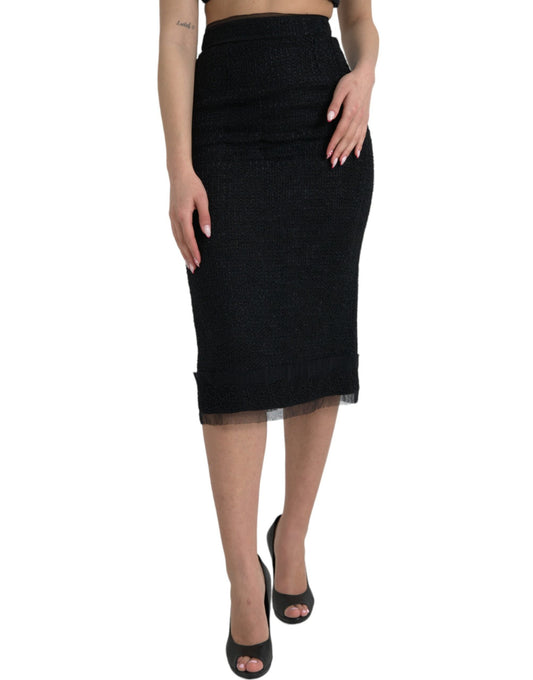 Dolce & Gabbana Black Wool High Waist Pencil Cut Midi Women's Skirt