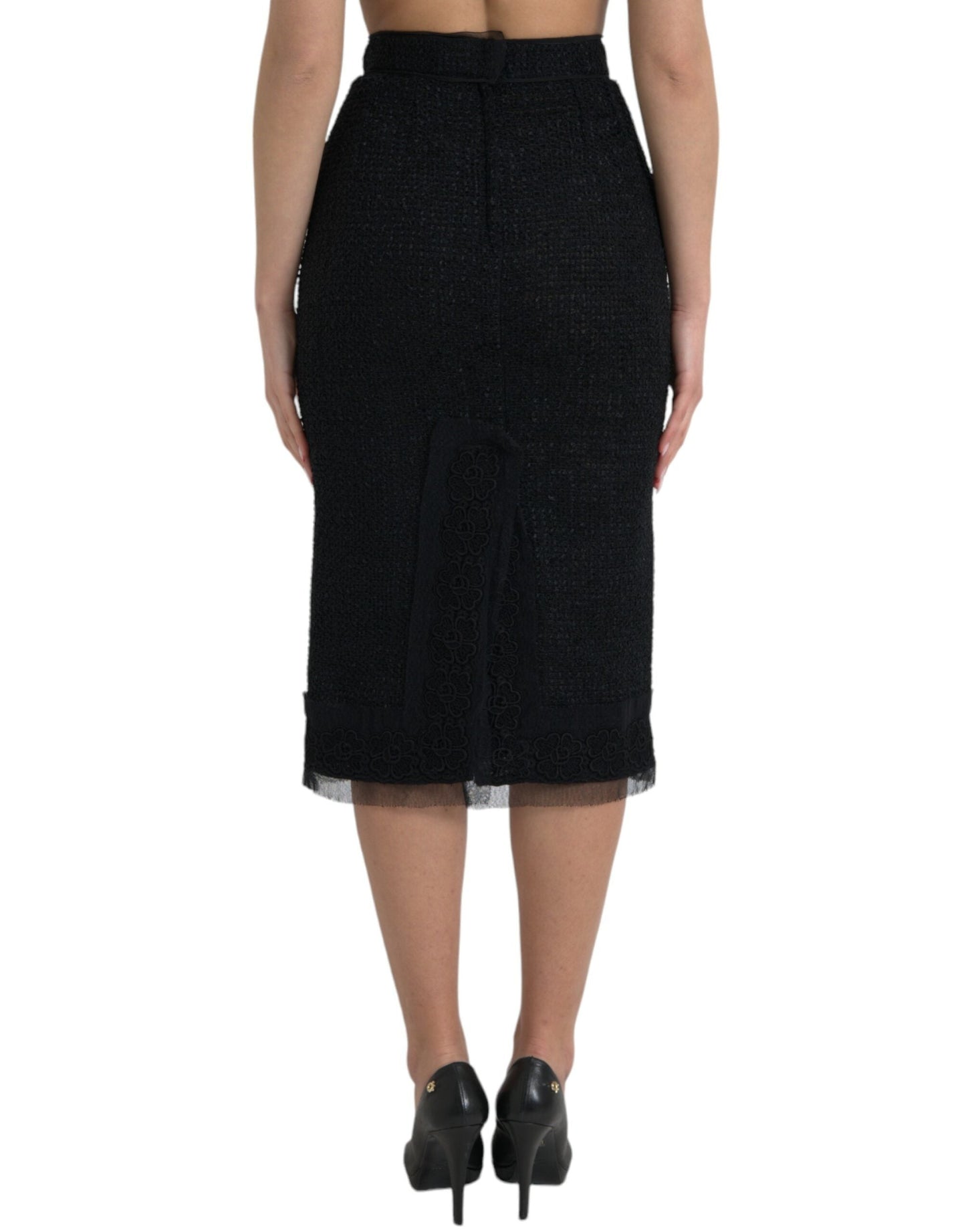 Dolce & Gabbana Black Wool High Waist Pencil Cut Midi Women's Skirt