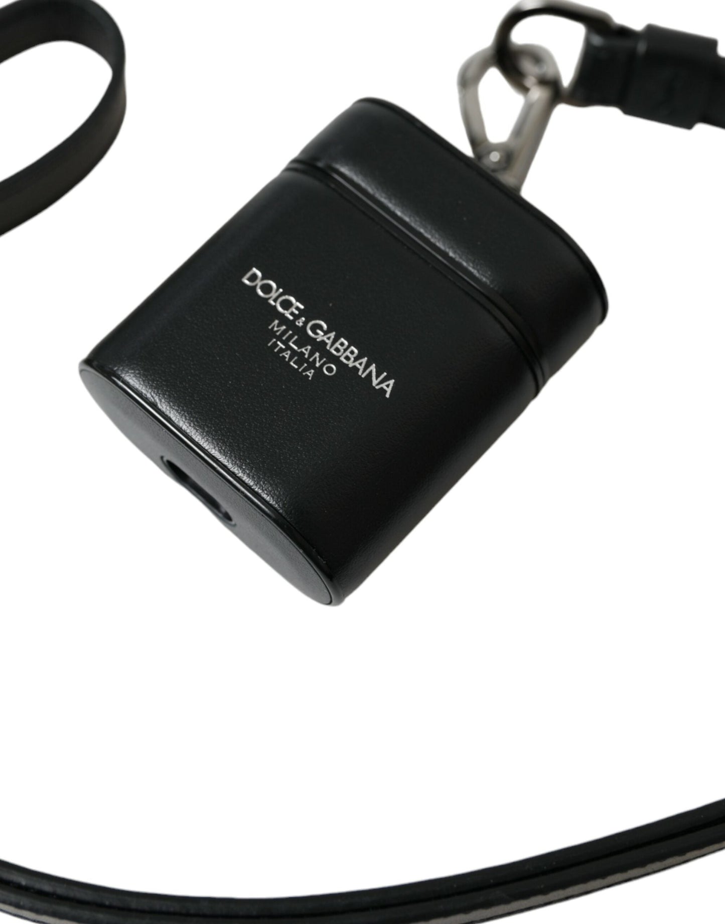 Dolce & Gabbana Black Leather Strap Silver Metal Logo Printed Airpods Men's Case