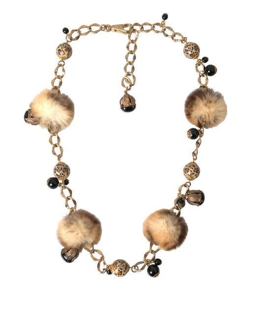 Dolce & Gabbana Gold Brass Leopard Fur Pearl Collier Chain Women's Belt