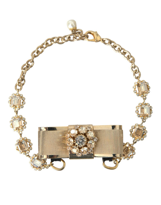 Dolce & Gabbana Gold Brass Clear Crystal Bow Chain Choker Women's Necklace