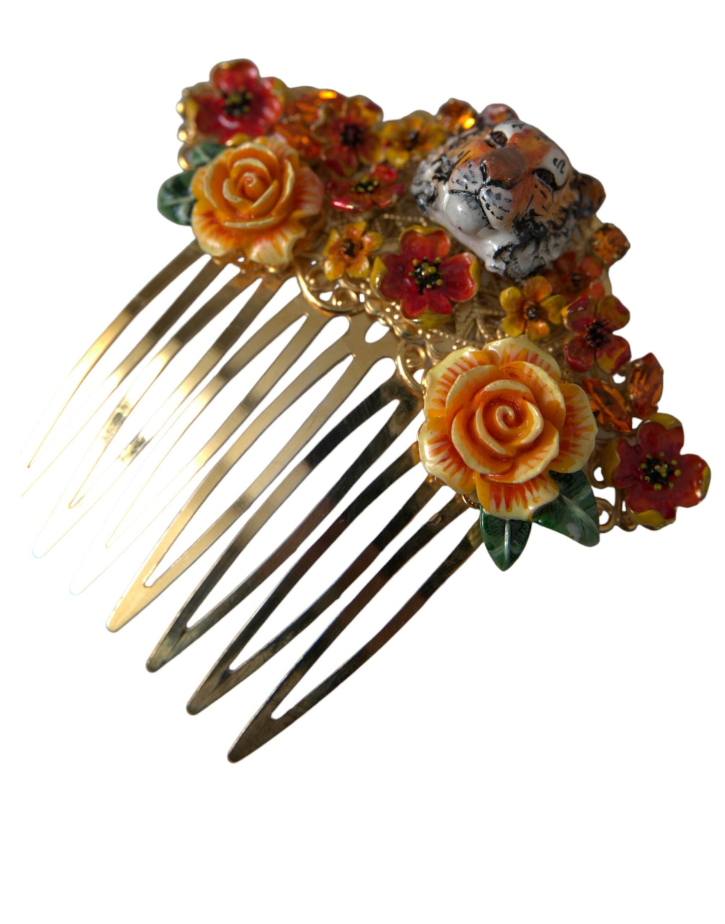 Dolce & Gabbana Gold Brass Crystal Leopard Floral Hair Women's Comb