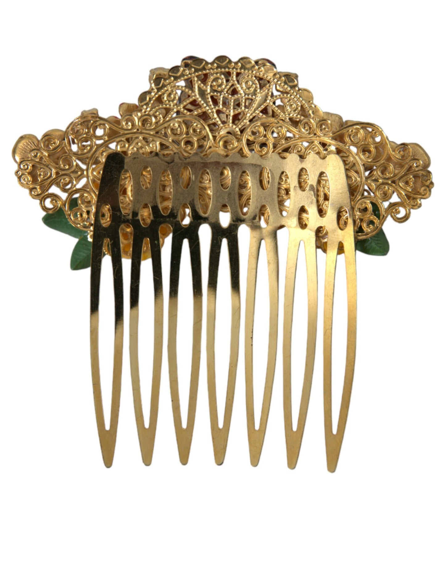 Dolce & Gabbana Gold Brass Crystal Leopard Floral Hair Women's Comb