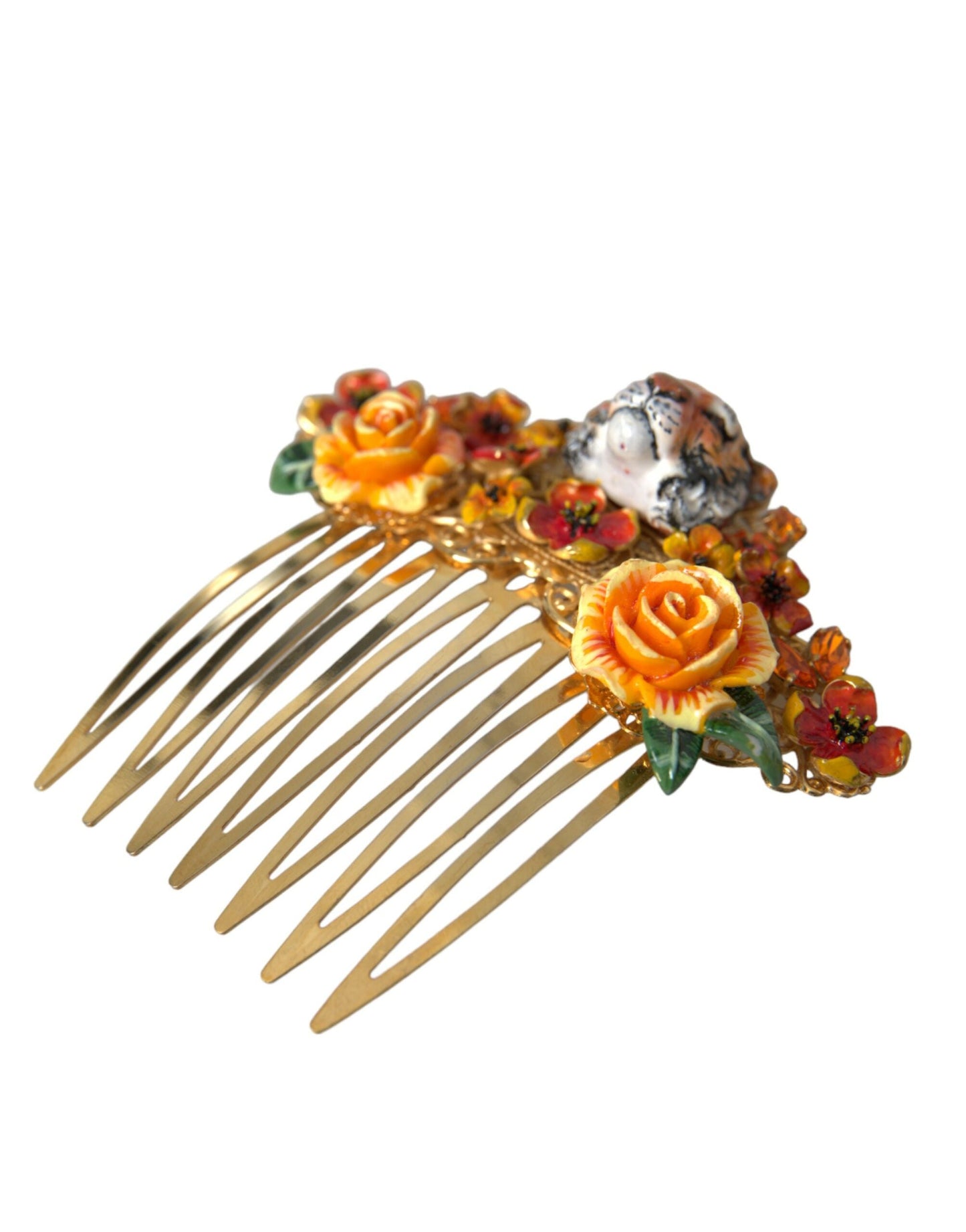 Dolce & Gabbana Gold Brass Crystal Leopard Floral Hair Women's Comb