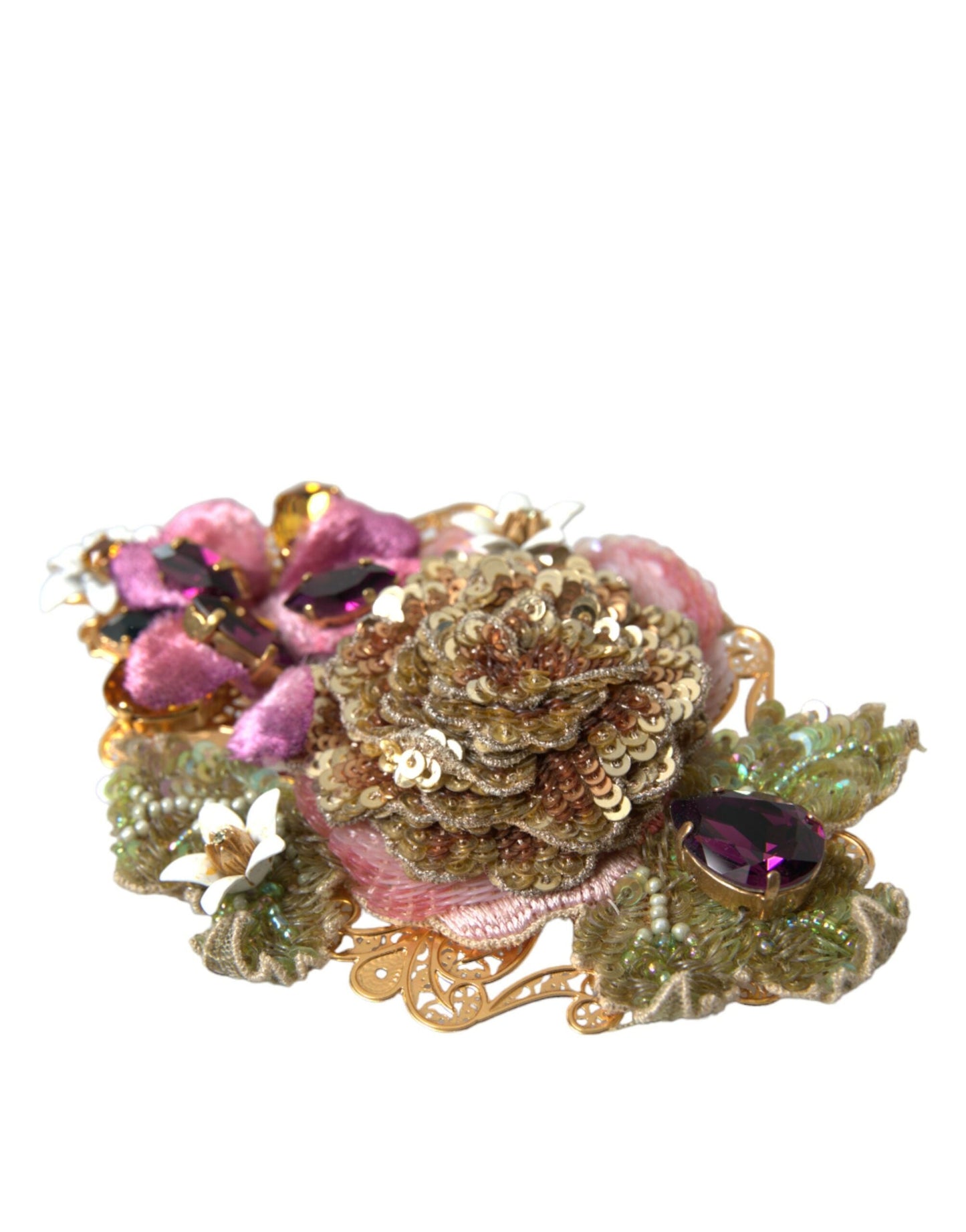 Dolce & Gabbana Gold Brass Floral Crystal Sequined Hair Women's Clip