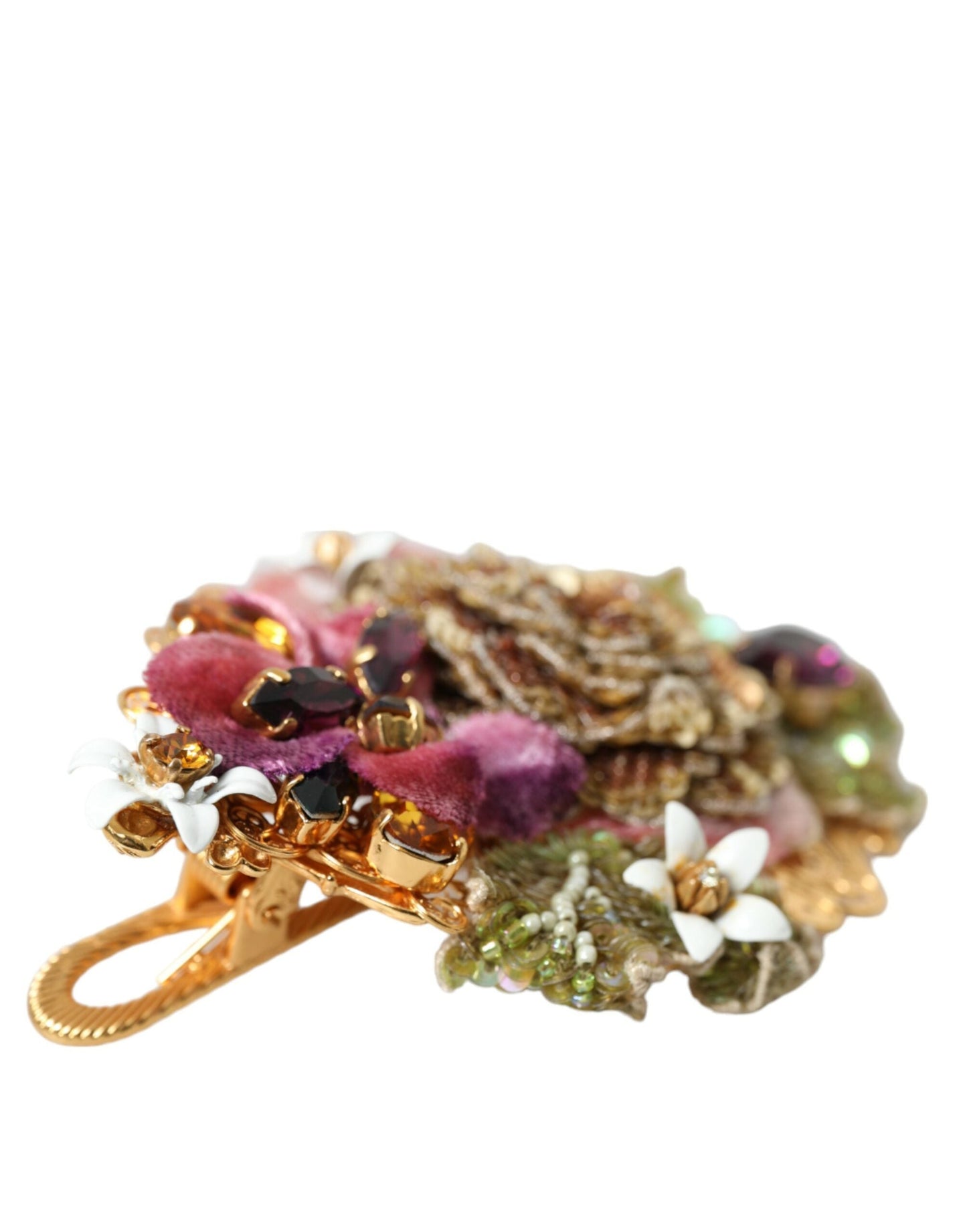 Dolce & Gabbana Gold Brass Floral Crystal Sequined Hair Women's Clip