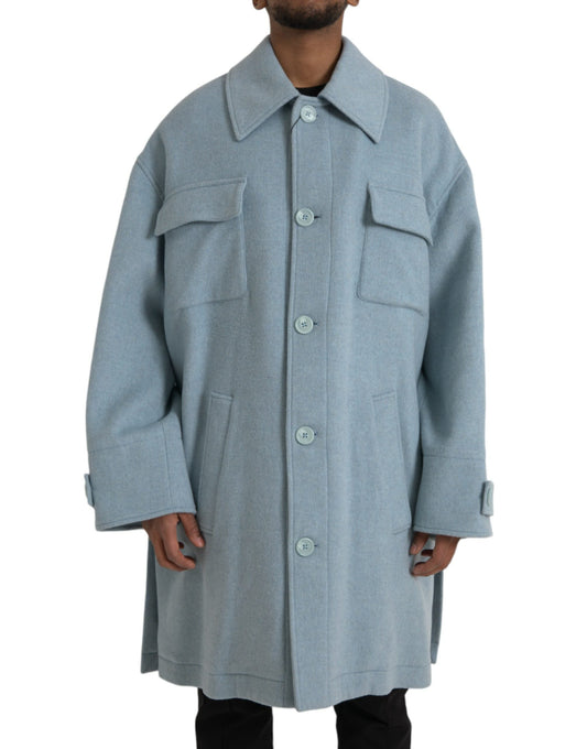 Dolce & Gabbana Light Blue Wool Button Trench Coat Men's Jacket