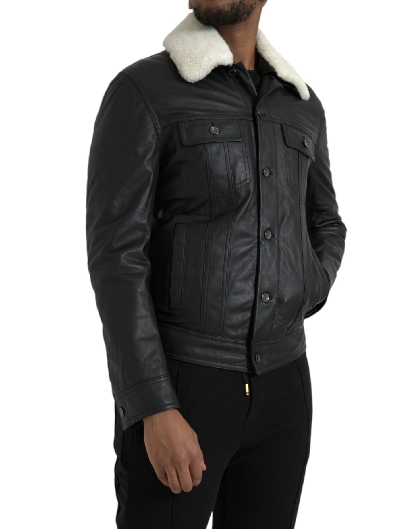 Dolce & Gabbana Black Leather Fur Collar Biker Coat Men's Jacket