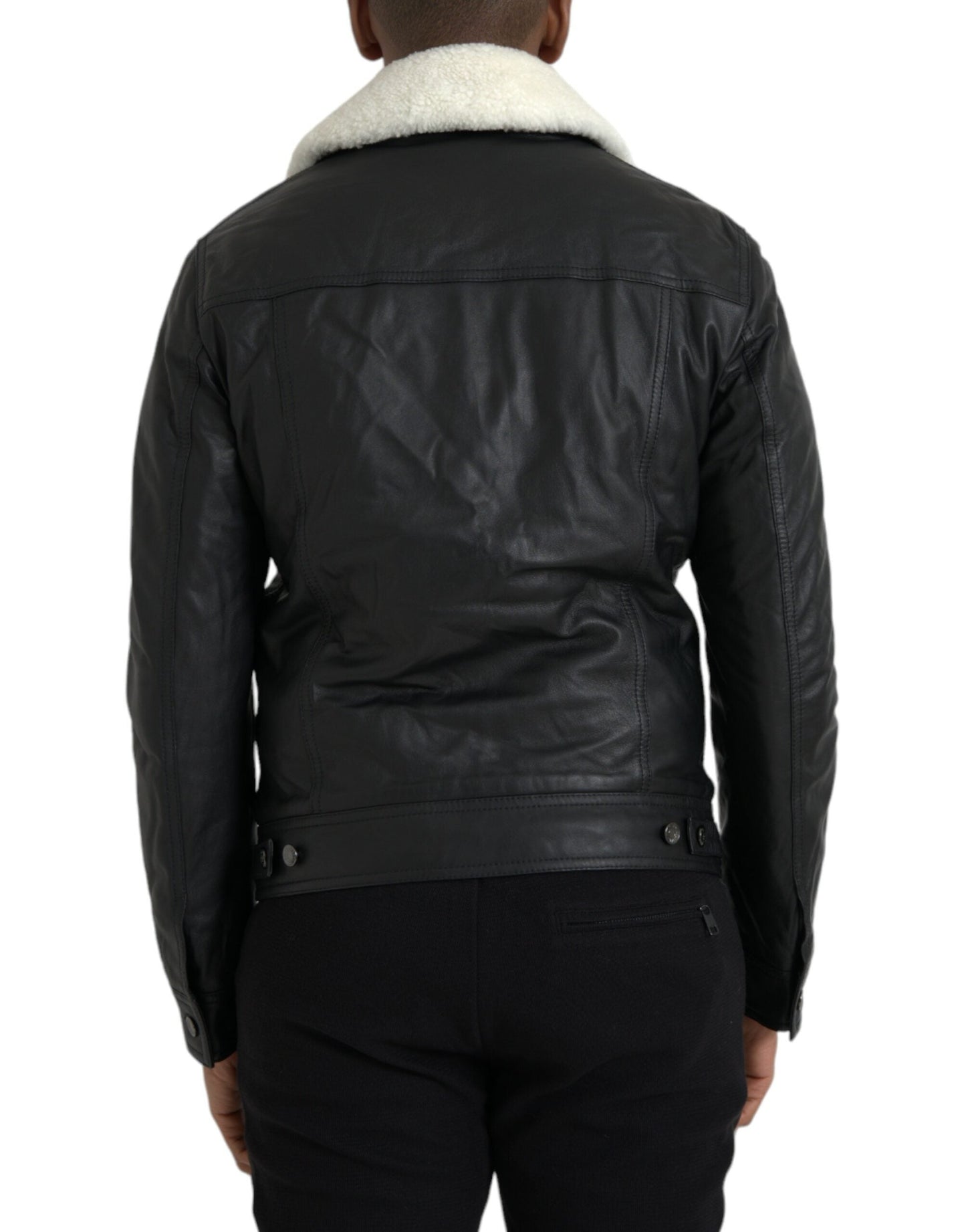 Dolce & Gabbana Black Leather Fur Collar Biker Coat Men's Jacket