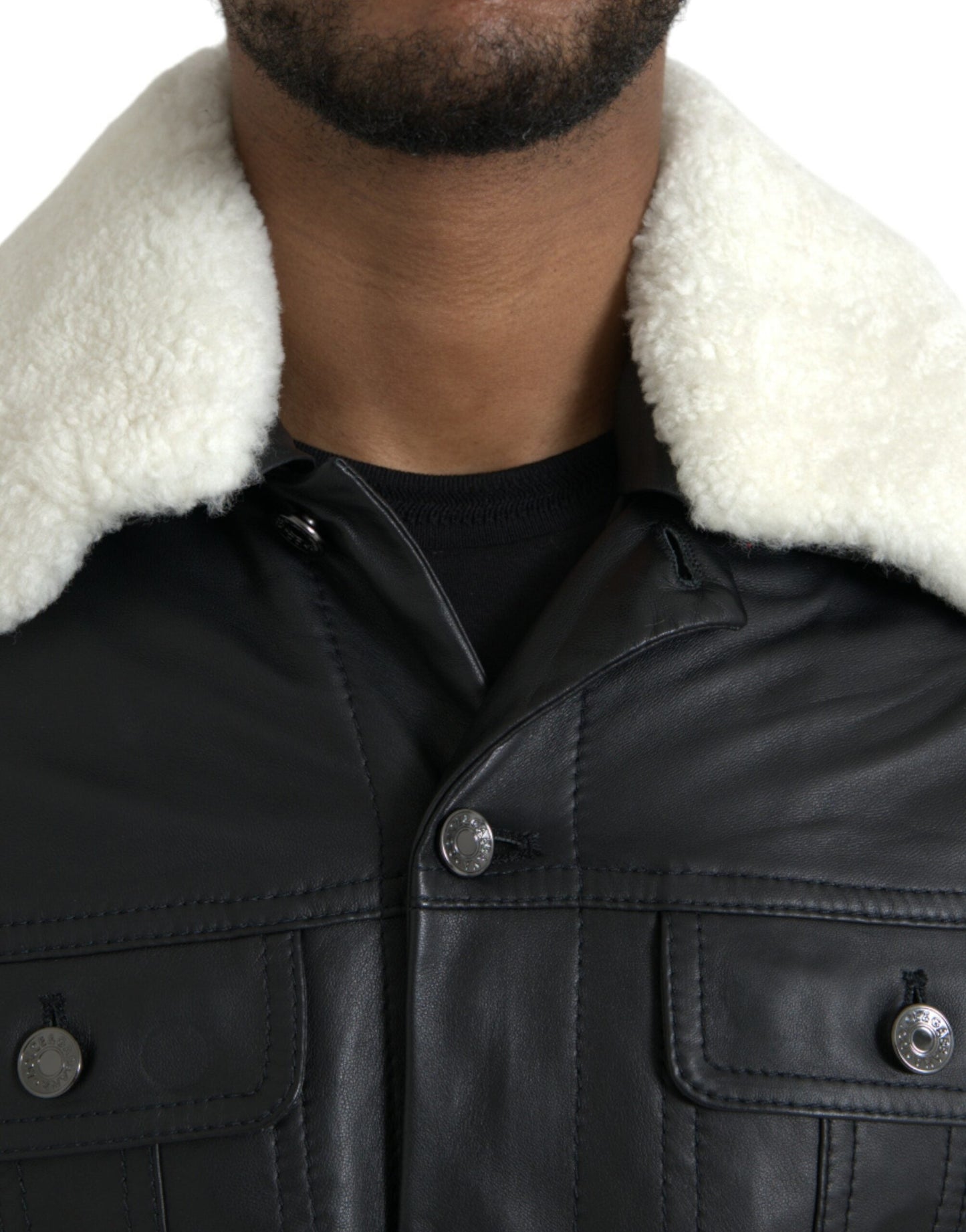 Dolce & Gabbana Black Leather Fur Collar Biker Coat Men's Jacket