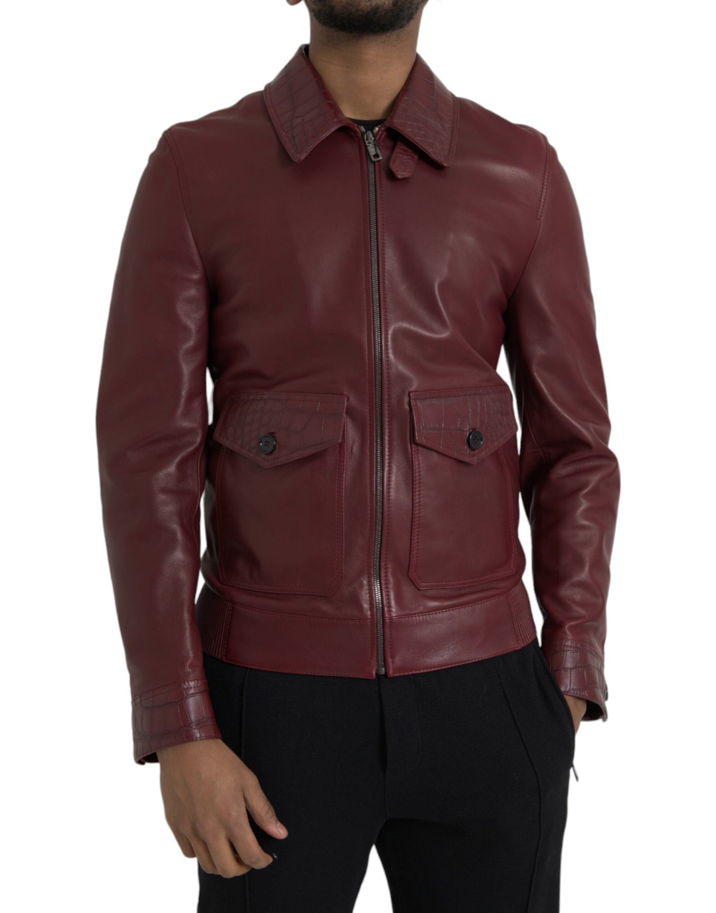 Dolce & Gabbana Maroon Exotic Leather Zip Biker Coat Men's Jacket