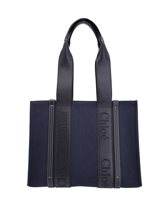 Chloe Medium Woody Tote in Blue Canvas and Black Calfskin Leather
