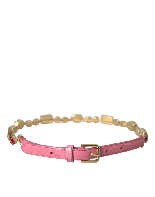 Dolce & Gabbana Pink Leather Crystal Chain Embellished Women's Belt