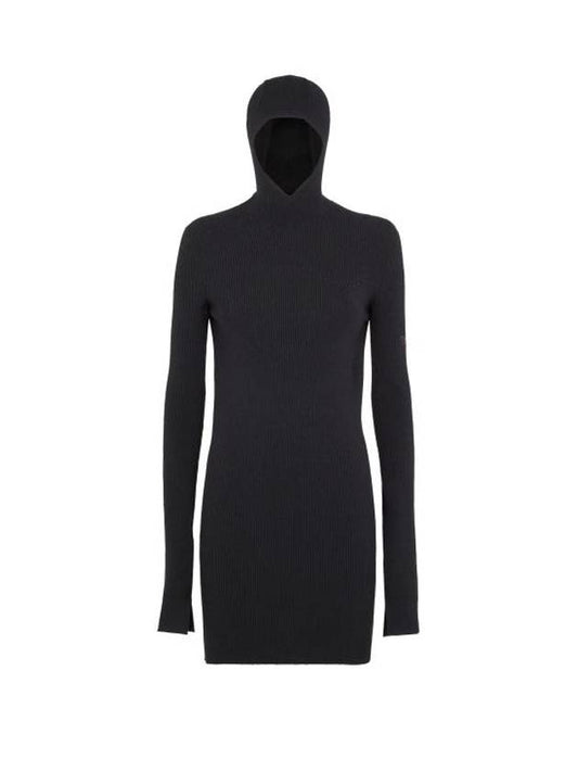 Fendi Long Sleeve Hooded Wool Silk Short Dress Black