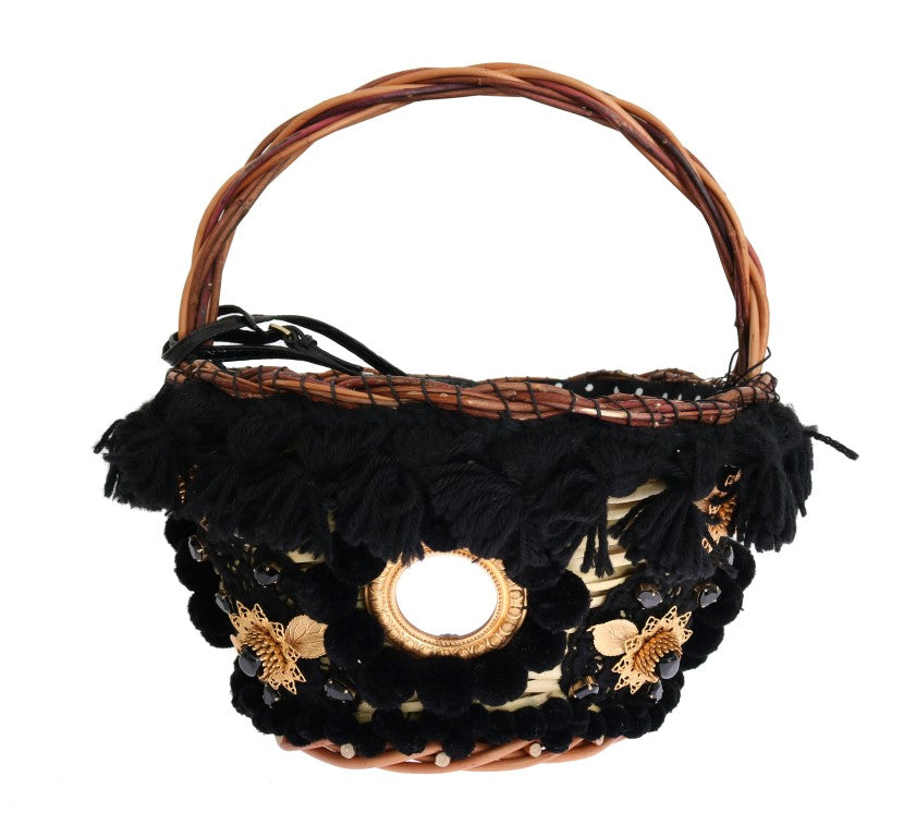 Dolce & Gabbana Beige Straw Snakeskin Pom Pom Crystal AGNESE Women's Bag