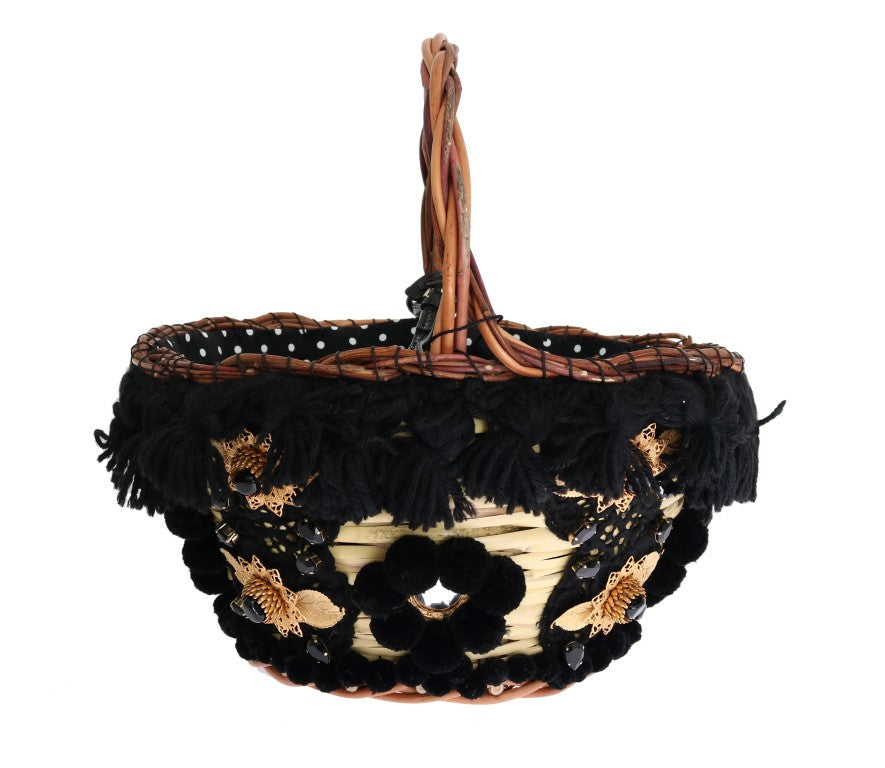 Dolce & Gabbana Beige Straw Snakeskin Pom Pom Crystal AGNESE Women's Bag