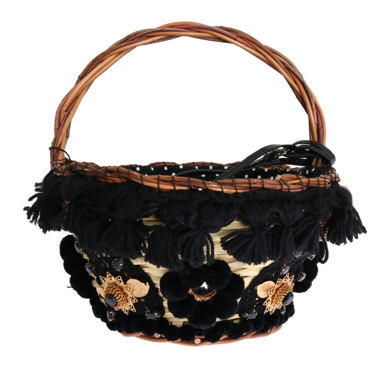 Dolce & Gabbana Beige Straw Snakeskin Pom Pom Crystal AGNESE Women's Bag