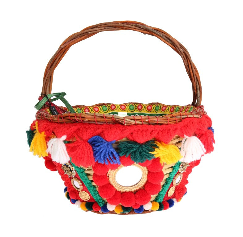 Dolce & Gabbana Multicolor AGNESE Straw Crystal  Pom Pom Women's Bag