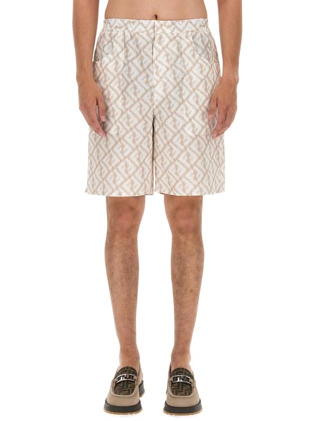Fendi Logo Monogram Linen Bermuda Shorts Beige