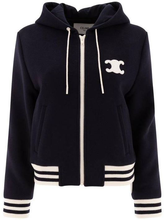 CELINE Triomphe Patch Cashmere Zip Up Hoodie Navy