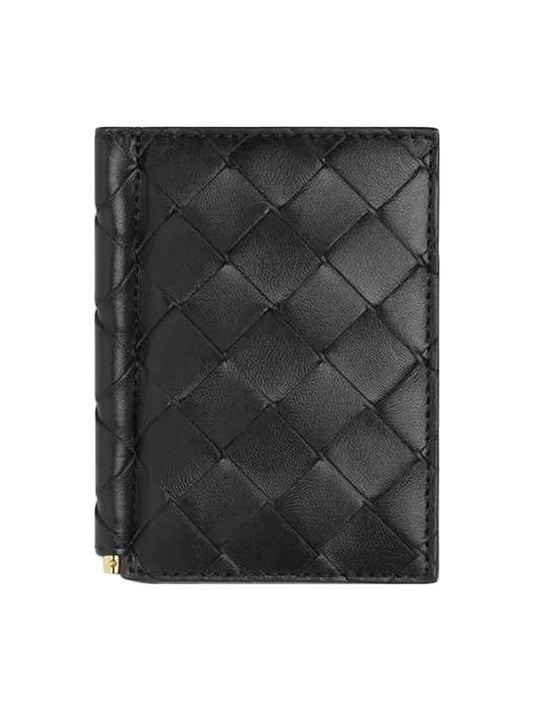 Bottega Veneta Bill Clip Intrecciato Flap Card Wallet Black