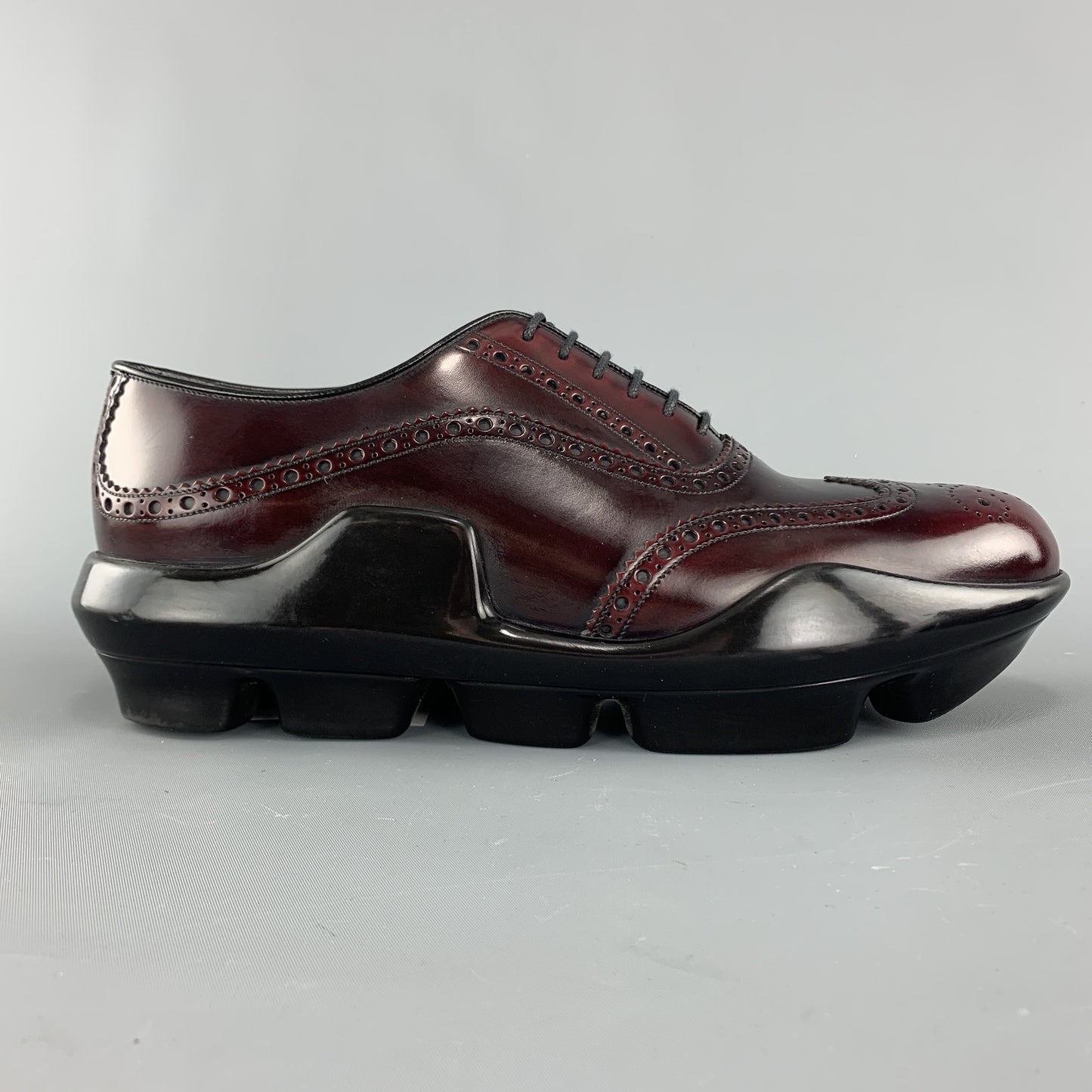PRADA Size 10 Burgundy Leather Wingtip Rubber Platform Sole Lace Up