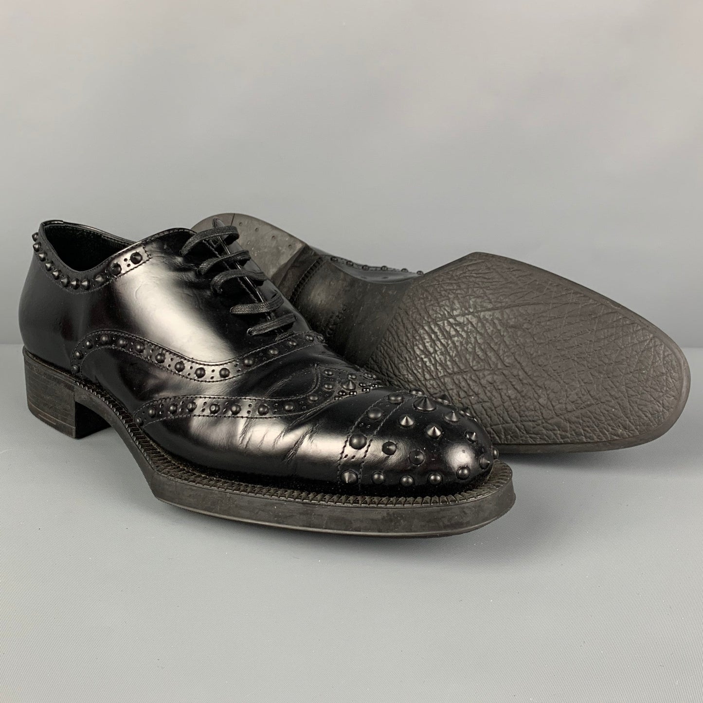 PRADA Size 9 Black Leather Studded Cap Toe Shoes