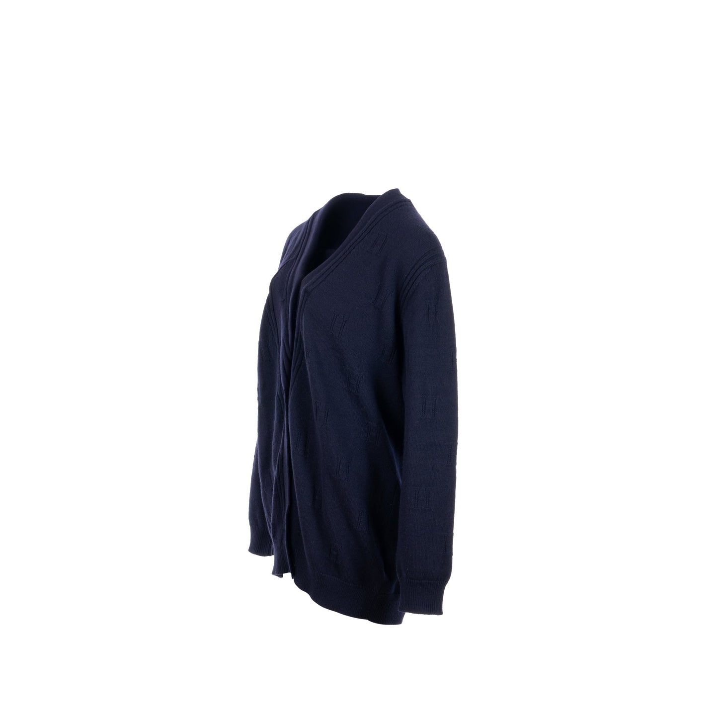 Hermes Size 40 Maile Voyage H logo Classic Knit Cardigan Virgin Wool Bleu Noir