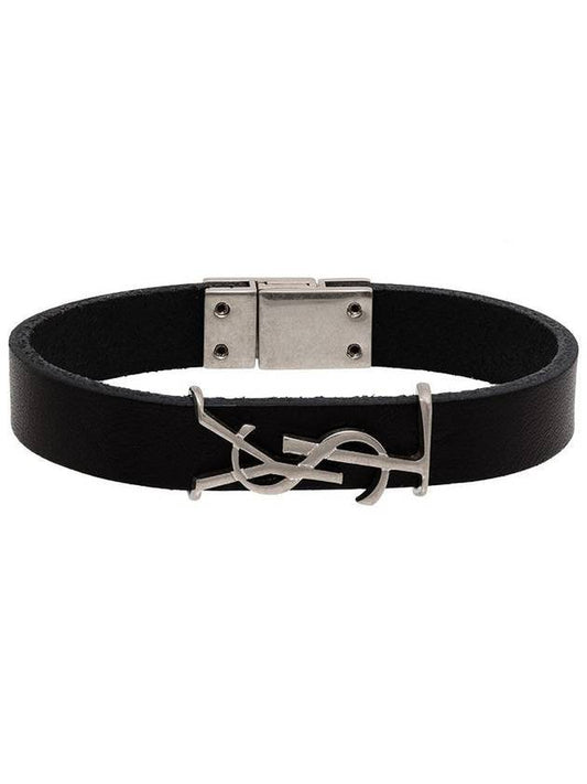 Saint Laurent Monogram Opyum Leather Bracelet Black Silver