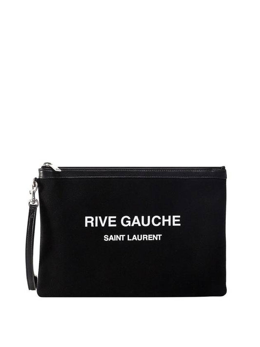 Saint Laurent Men's Rive Gauche White Logo Canvas Clutch Bag Black