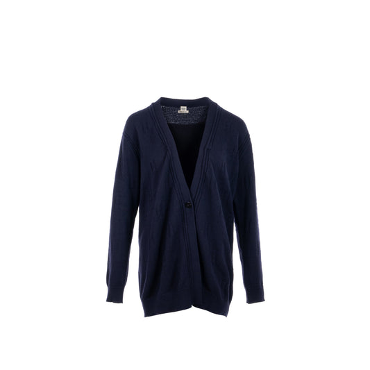 Hermes Size 40 Maile Voyage H logo Classic Knit Cardigan Virgin Wool Bleu Noir