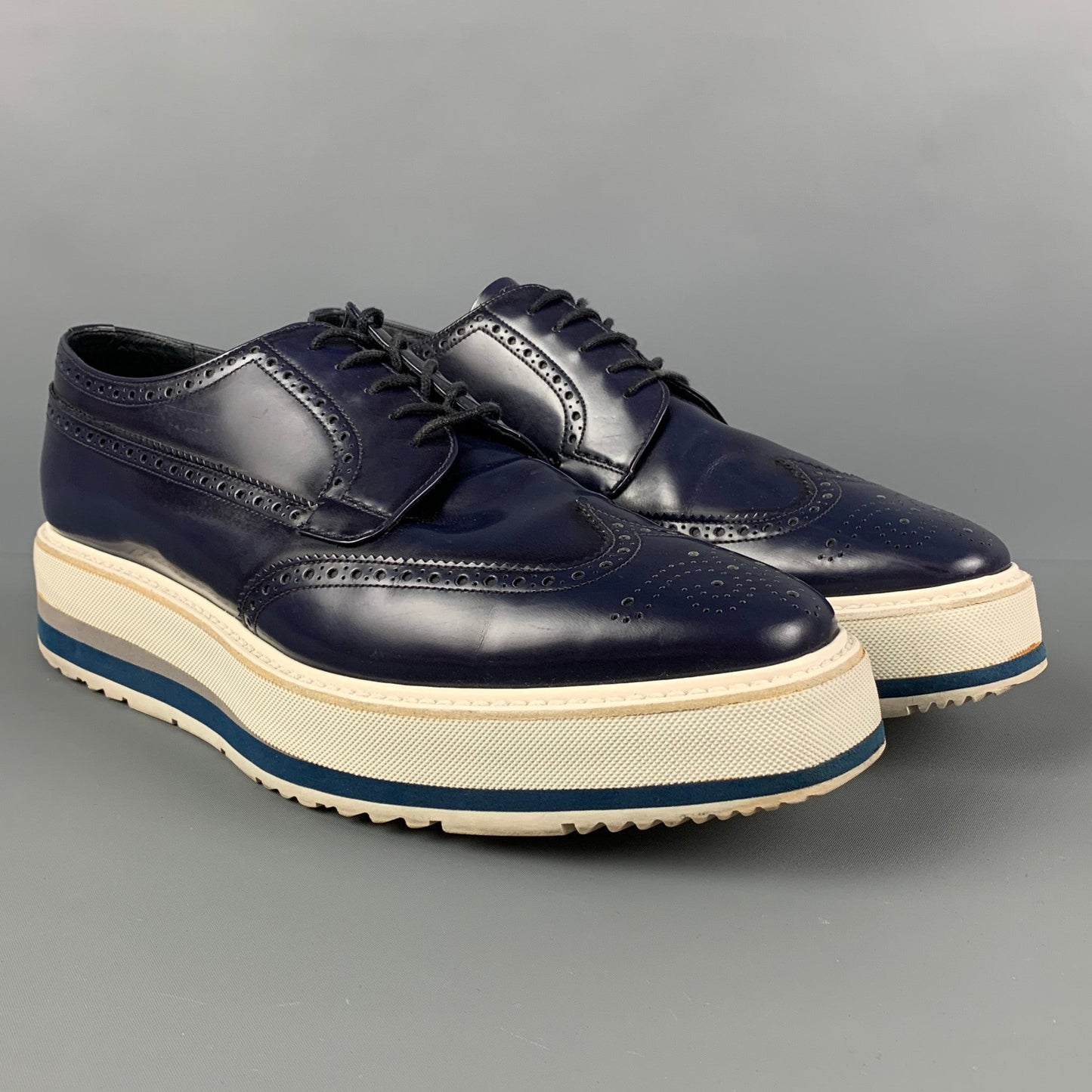 PRADA Size 10 Navy White Perforated Leather Platform Lace Up Shoes