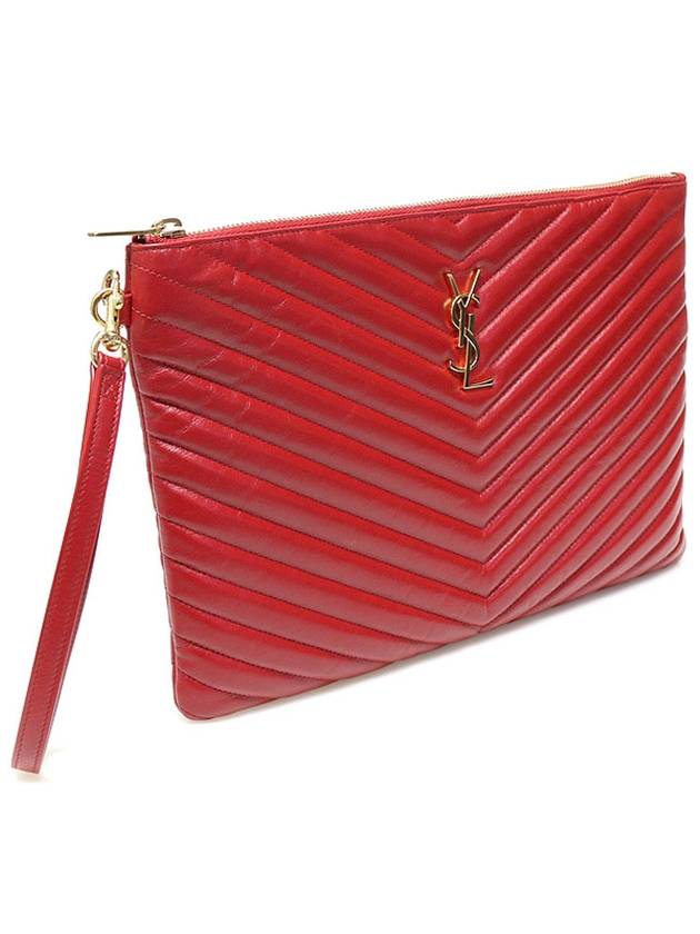 Saint Laurent 559193 Red Matelasse Quilted Calfskin Gold Monogram Tablet New Medium Pouch Clutch