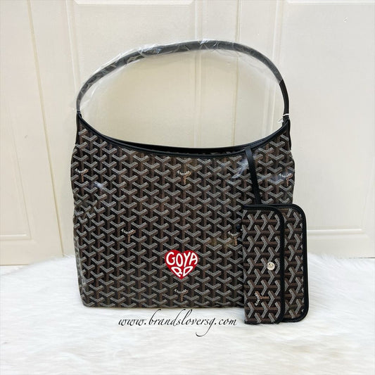 Goyard Boheme PM Hobo Bag in Black Signature Goyardine Canvas with a Red Heart Stamp