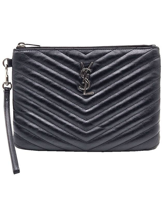 Saint Laurent Saint Laurent 379039 Black Matelasse Silver Monogram Strap Pouch Clutch Bag