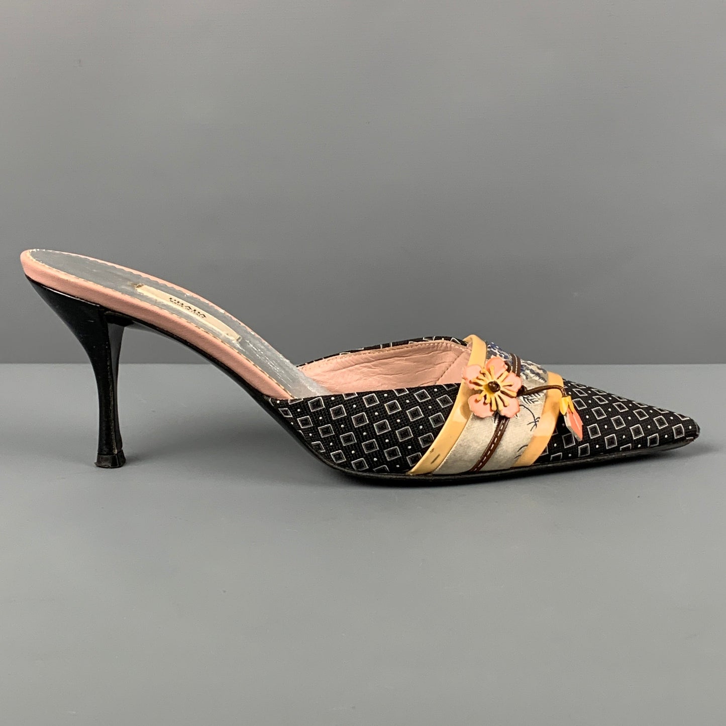 PRADA Size 6.5 Navy Silk Applique Pointed Toe Pumps