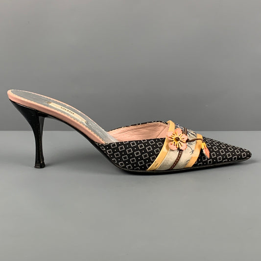 PRADA Size 6.5 Navy Silk Applique Pointed Toe Pumps