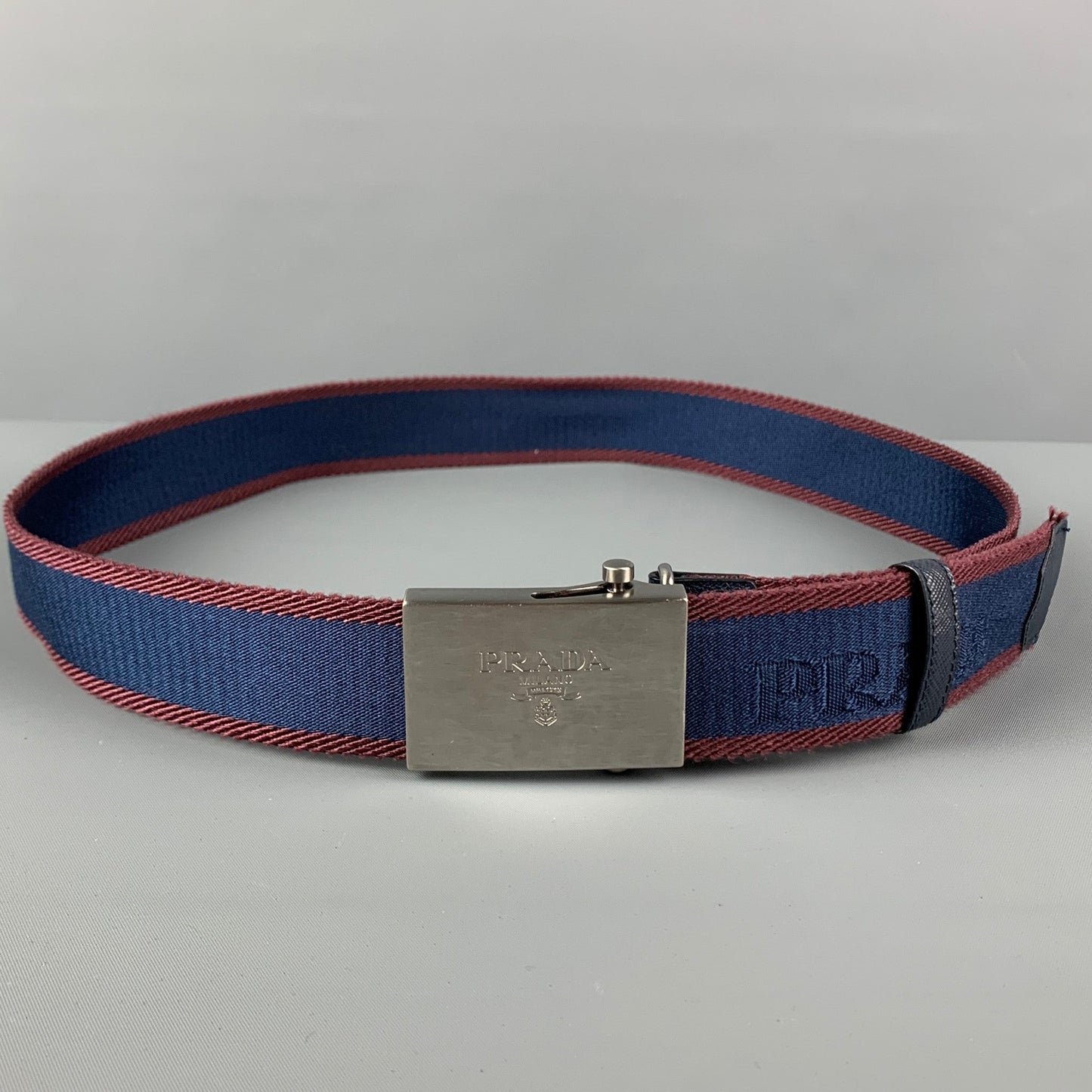 PRADA Size One Size Navy Burgundy Stripe Ribbon Belt