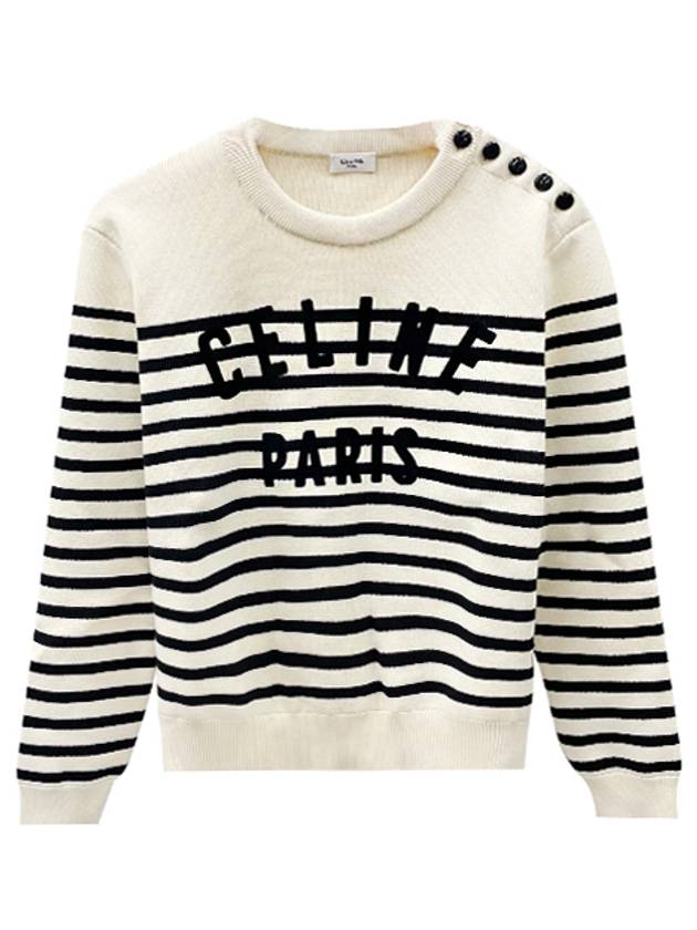 CELINE Mariniere Cotton Knit Top Off-White Black