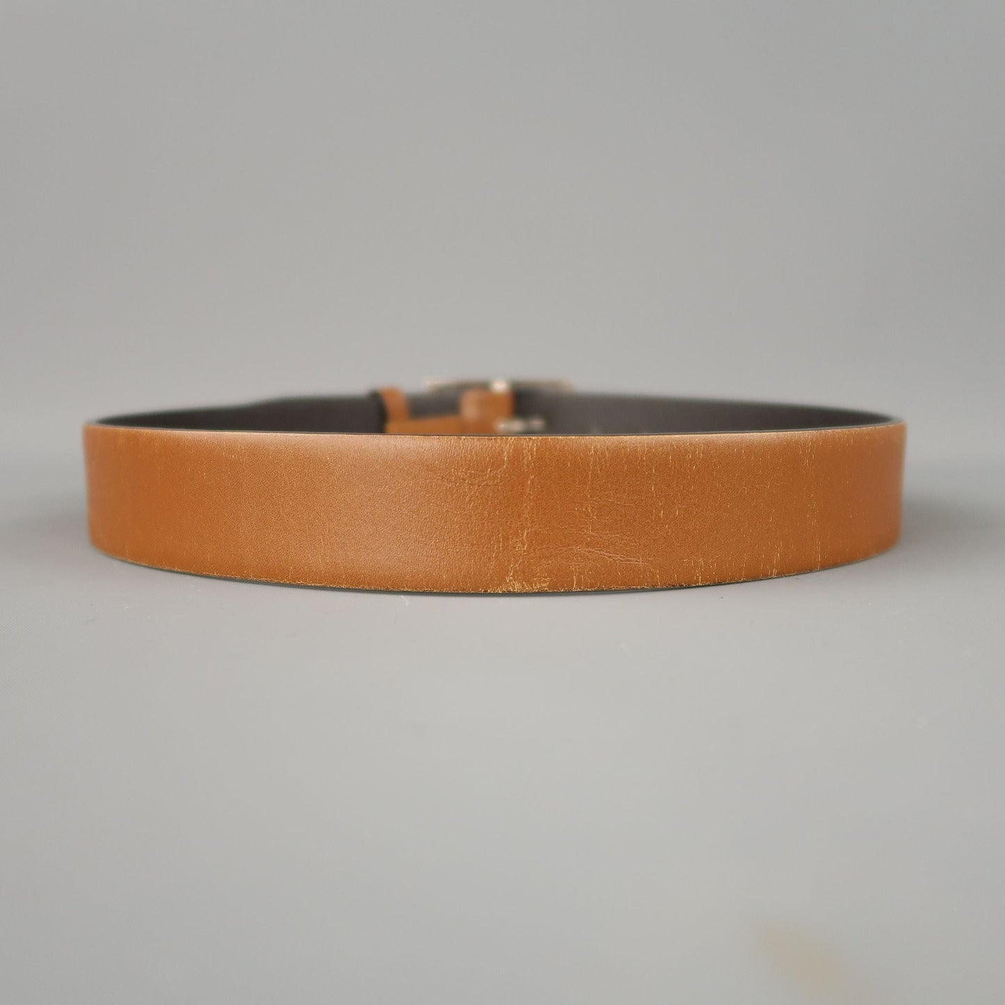 PRADA Tan Leather Silver Rectangle Buckle Belt