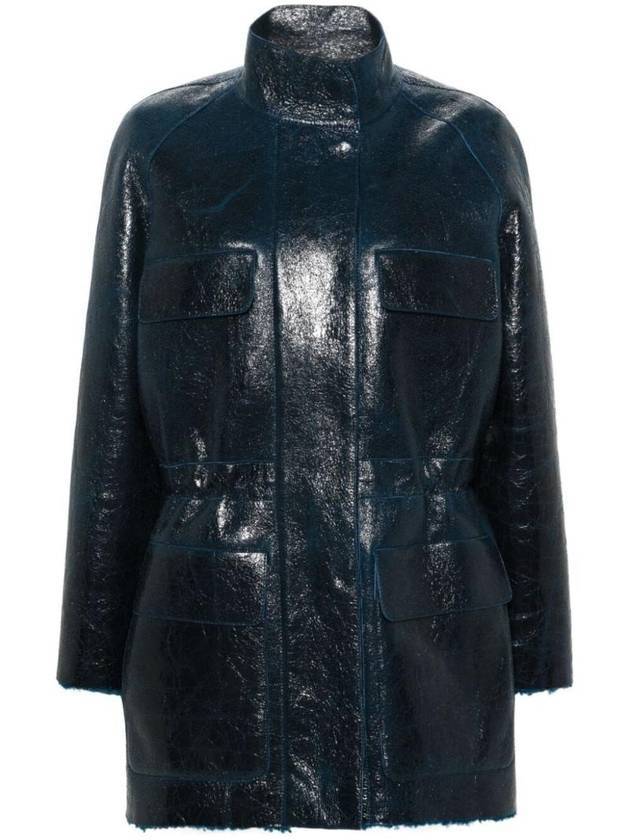 Fendi High Neck Leather Jacket Dark Blue