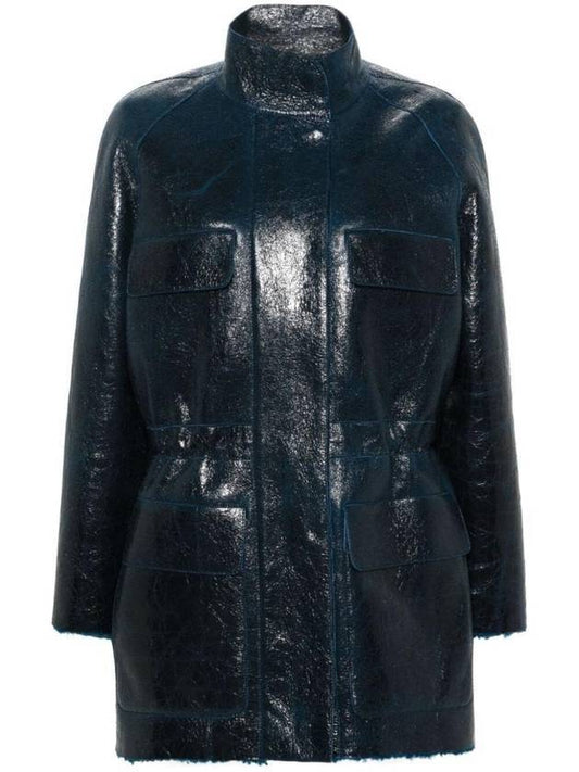 Fendi High Neck Leather Jacket Dark Blue