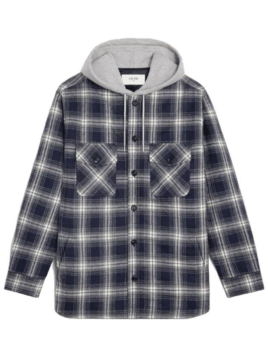 CELINE Check Cotton Hooded Oversized Shirt Jacket Navy