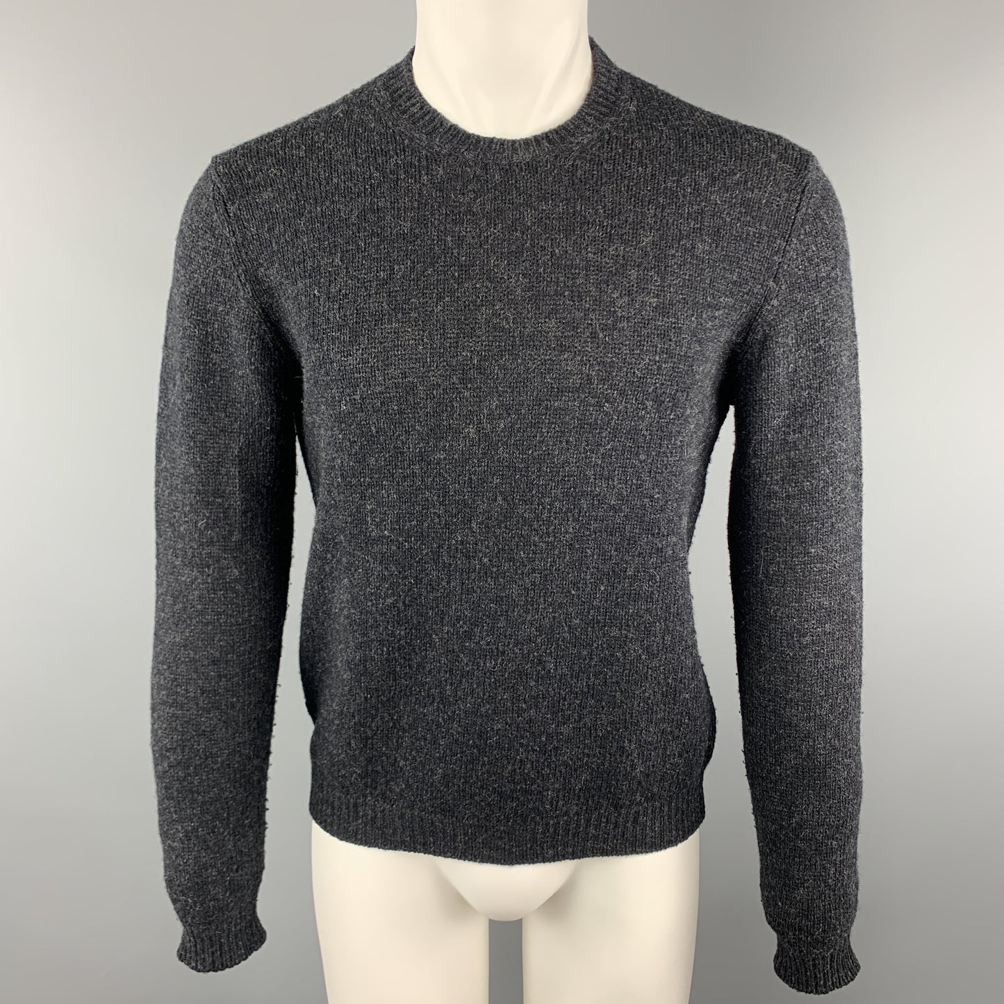 PRADA Size S Charcoal Knitted Wool Blend Crew-Neck Elbow Patches Pullover Sweater